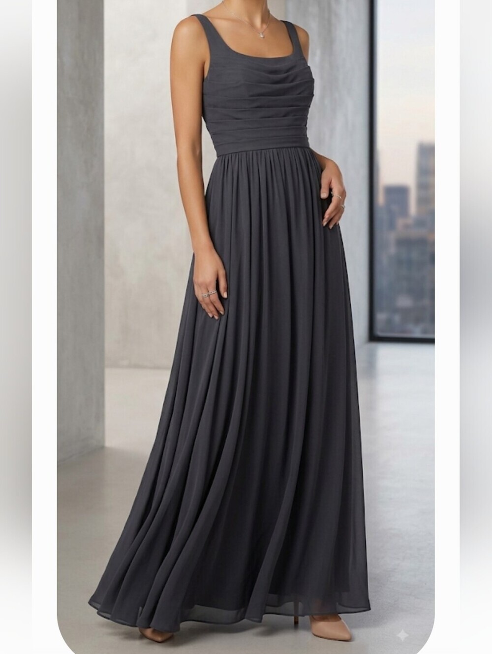 Mori Lee Angelina Faccenda Charcoal Chiffon Squareneck Pleated Draped Dress 16